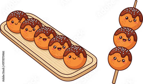 Cute cartoon takoyaki balls with chocolate topping on tray and skewer, Japanese street food kawaii style vector illustration for menu design