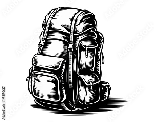 A detailed black and white illustration of a backpack with multiple pockets and compartments.