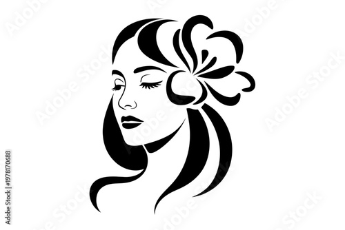 A minimalist black and white vector illustration of a woman's face with a flower in her hair