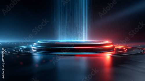 Futuristic Neon Podium with Light Beams