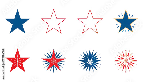juneteenth star vector set with solid outline and glowing burst styles on transparent background