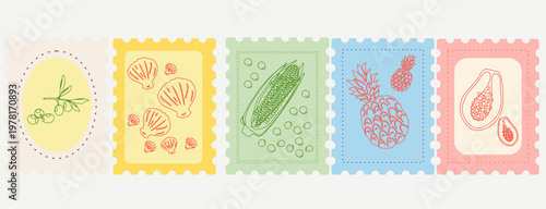 summer stamp collection with vintage postcard with doodle elements like  seashells, corn and tropical fruits