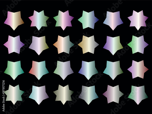 A colorful array of star shapes in various hues on a with shiny effects