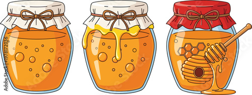 Honey jars with dripping honey and dipper stick, natural organic sweet food illustration isolated vector for healthy nutrition and beekeeping design