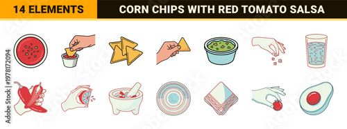 Hands Dipping Chips in Salsa Vector