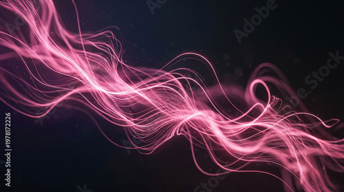 Soft pink neon light strands flowing gracefully on dark background. Delicate magenta fiber-like trails weave and curl in elegant organic motion.
