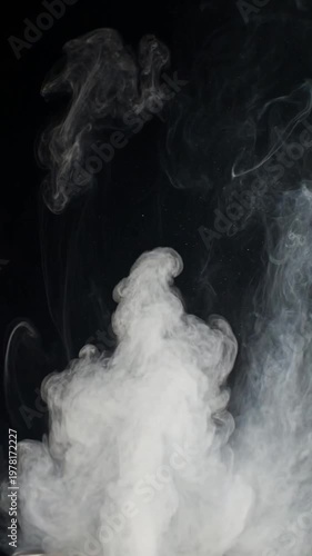 Abstract white smoke swirling against a solid black background, flowing wisps of vapor creating artistic organic shapes for overlay effects.