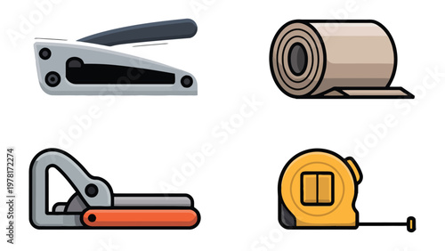 Construction Tools: A collection of essential construction tools, meticulously arranged against a backdrop. Each tool, from staple gun to tape measure, symbolizes the building trades and the process.