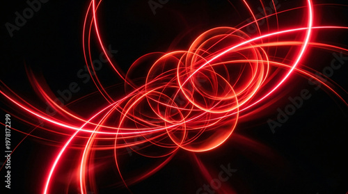 Bold red neon circular loops interlocking on pure black background. Glowing crimson rings cross and spiral in energetic, dynamic light art.
