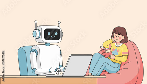 AI robot and woman learning together at home with laptop and book modern lifestyle