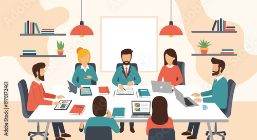 Business professionals gather around a conference table for a productive meeting, utilizing technology and notebooks in a bright office.