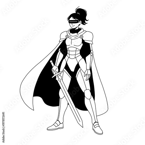 Female Knight Warrior in Armor With Sword and Cape Standing Heroic With Futuristic Visor Line Art