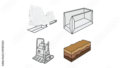 Construction Drawings and Layered Earth: Illustrative elements displaying construction components, alongside a depiction of layered earth.