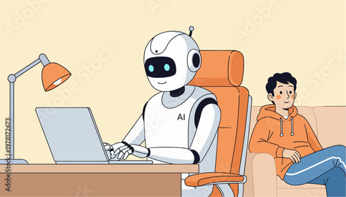 AI robot analyzing data dashboard with user at home office business productivity scene