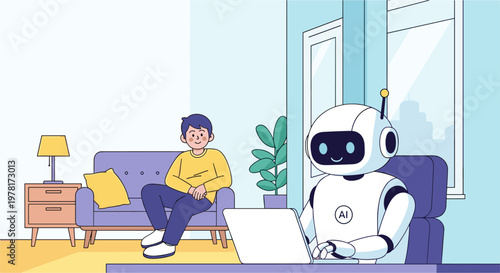 AI robot working on laptop in living room while human relaxing on sofa lifestyle scene