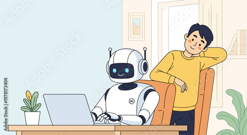 AI robot collaborating with human at desk working together friendly technology concept