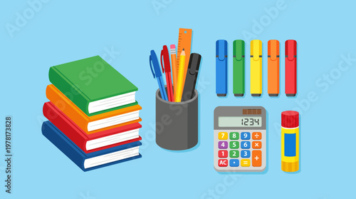 A stack of colorful books and educational supplies on a table
