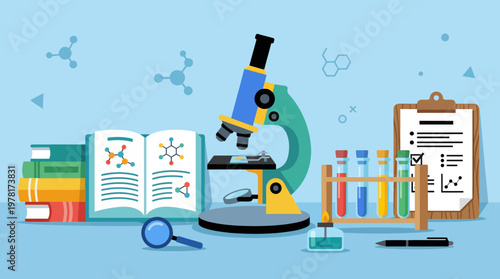 A scientist examines a specimen with a microscope among books and test tubes in a laboratory setting.