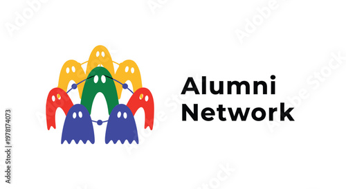 Alumni network, education icons, people connections, community vector