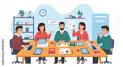 Five diverse professionals sit around a large wooden office table, collaborating during a business meeting with laptops, tablets, and reports.