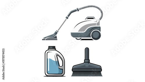 Cleaning Tools Collection: An array of essential cleaning tools, including a vacuum cleaner, steam cleaner, bottle of cleaning solution, and a brush.