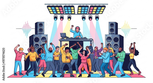Diverse crowd dancing at a vibrant nightclub with a DJ disco lights and speakers celebrating a party or event
