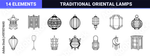 Traditional Asian Lantern Line Art Set