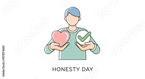 Person holding a heart and a checkmark representing honesty and integrity ideal for concepts of trust and ethical choices flat vector illustration