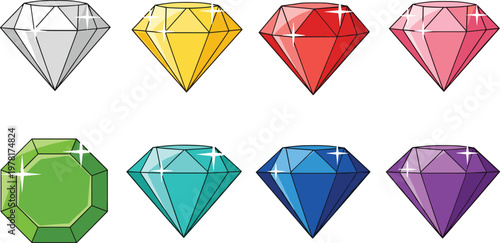 Set of colorful diamond gemstones with different shapes and colors, shiny luxury jewel collection isolated vector illustration for jewelry design