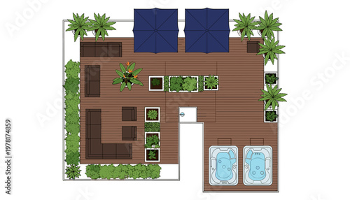Contemporary Outdoor Patio Design with Decking, Plants, Hot Tubs, and Umbrella Shades for Relaxation Space