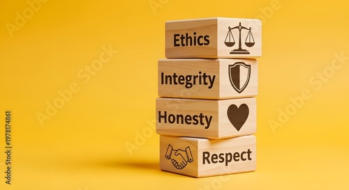 Wooden blocks with ethics, integrity, honesty and respect text