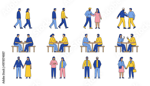 Couple Interaction Vector Set with Walking, Sitting, Talking, and Holding Hands in Casual Clothing