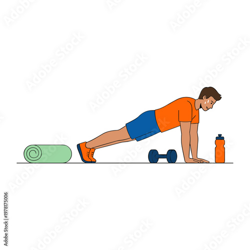 Man doing push-ups with dumbbell and water bottle nearby on floor