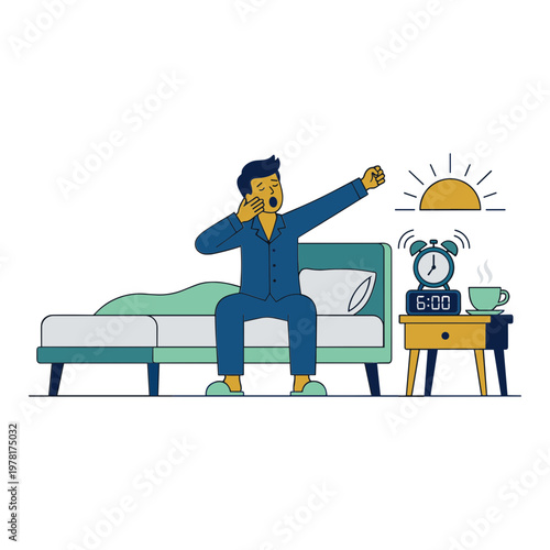 Man wakes up in bedroom sitting on bed with alarm clock ringing