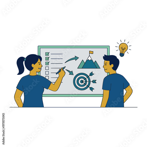 Two people discussing business strategy on a whiteboard with graphs and targets