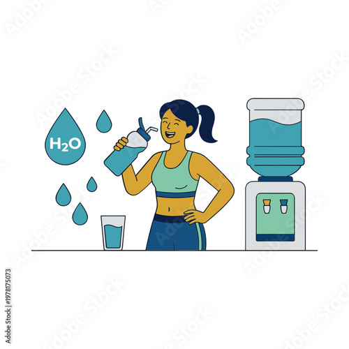 Woman drinking water from jug next to cooler with droplets and glass
