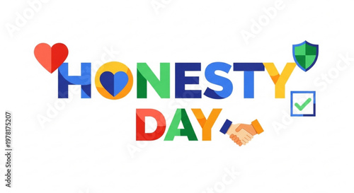 Honesty Day text with icons symbolizing trust and integrity for awareness campaigns isolated on white