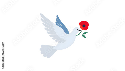 flat vector illustration of a peace dove carrying a red poppy isolated on transparent background