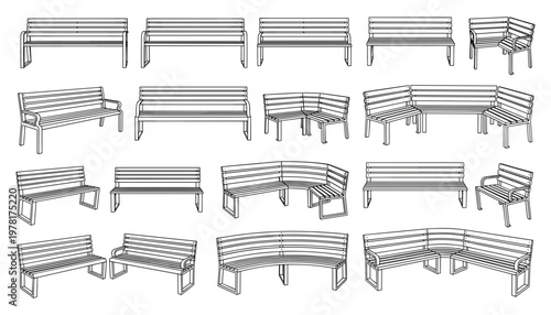 Foto Modern Bench Designs with Straight and Curved Seating for Outdoor, Park, and Pub