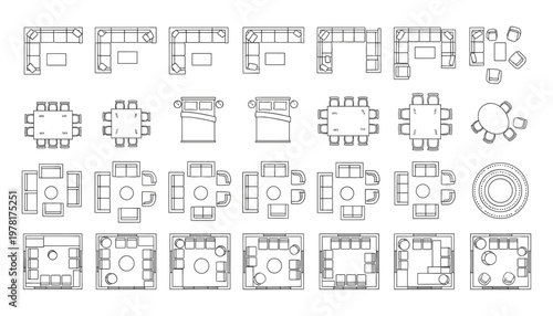 Office Furniture Layout Vector Set with Various Table and Seating Arrangements for Workspace Planning and Design