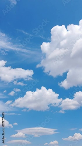 Fluffy white cumulus clouds drifting across a vibrant blue sky, peaceful weather background.