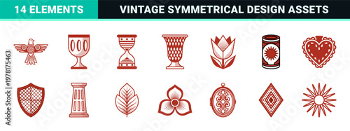 Red Folk Art Symmetrical Ornaments Set