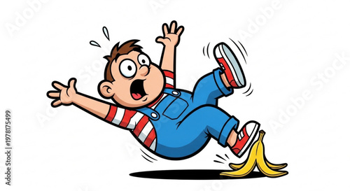 Cartoon boy slipping on a banana peel illustration of a clumsy accident and unexpected danger isolated on white background