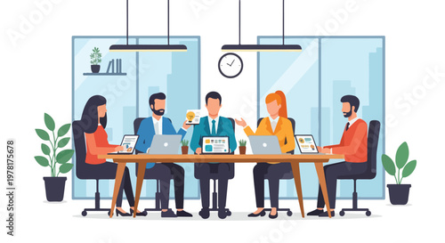 A modern office scene shows five professionals collaborating around a large table, using laptops and tablets for a productive business meeting.