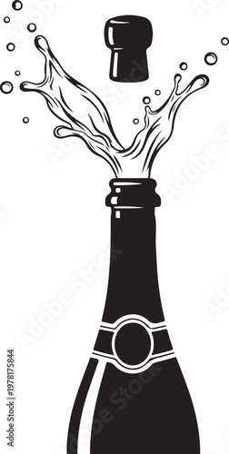 Champagne Bottle Splash Black Silhouette Vector Celebration Icon
