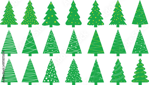 Set of green Christmas trees with decorative patterns, festive holiday pine tree collection isolated vector illustration for winter celebration design