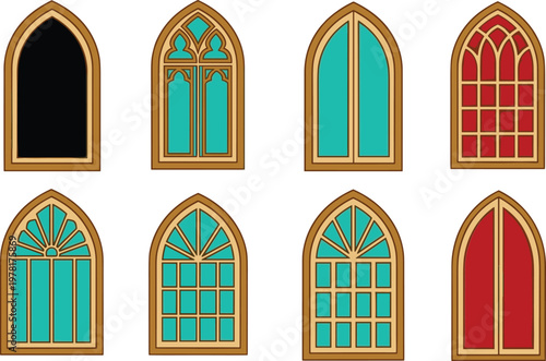 Set of gothic arched windows with stained glass designs, vintage architectural elements collection isolated vector illustration for church and building design