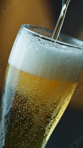 Golden light beer being poured into a tall chilled glass with condensation, creating a frothy foam head and effervescent bubbles, close-up beverage shot.