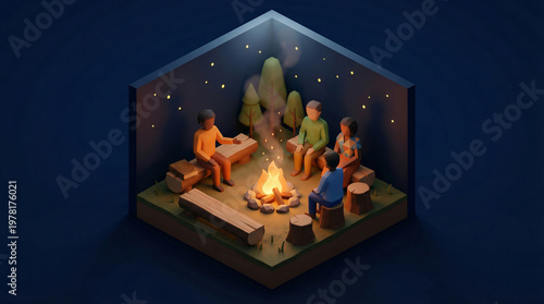 Minimalist isometric 3D render of Juneteenth storytelling campfire