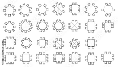 Vector Illustrations of Various Circular and Square Table Designs for Interior Layout, Office, and Furniture Projects.